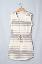 Beige Stripe Drawstring Tunic Tank Mini Dress with Pockets