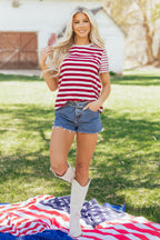 Red Stripe Patchwork Round Neck T Shirt