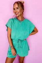 Sea Green Mineral Wash Drawstring Elastic Waistband Hollow Out Back Short Sleeve Romper