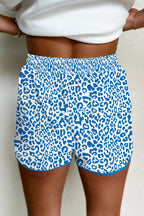 Blue Leopard Elastic Waistband Lace up Contrast Trim Casual Shorts