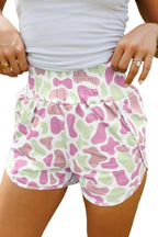 Green Camouflage Print Shirred High Waist Athleisure Shorts
