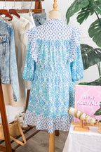 Sky Blue Boho Floral Geometric Patchwork Ruffle Detail Puff Sleeve Mini Dress