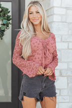 Peach Blossom Drawstring Knot Detail Floral Lace Blouse