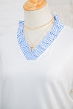 White Striped Patchwork V Neck 3/4 Sleeve Blouse