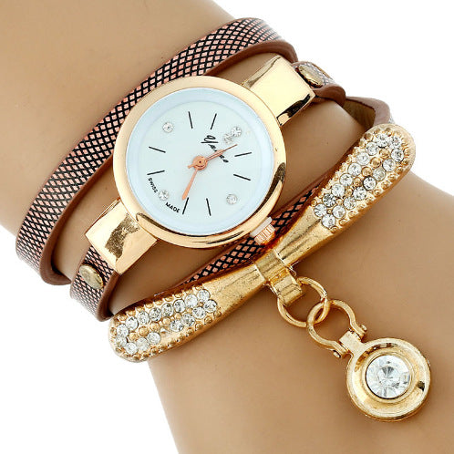 Gnova Platinum Luxury Women’s Rhinestone Bracelet Watch – Gold PU Leather Quartz Watch