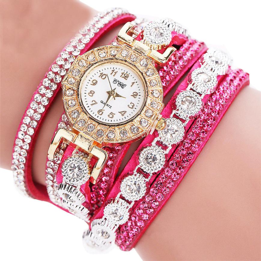 Women’s Rhinestone Bracelet Watch – PU Leather Wrap Quartz Watch (Luxury Fashion)