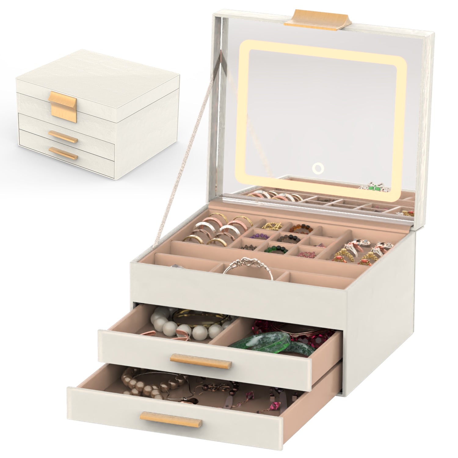 LED Mirror Jewelry Box Organizer – 3 Layer PU Leather Storage Case with Lights