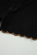 Black Embroidered Scalloped Trim Relaxed Denim Shorts