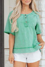 Mint Green Half Buttons Raw Seam Raglan Sleeve Mineral Wash T Shirt