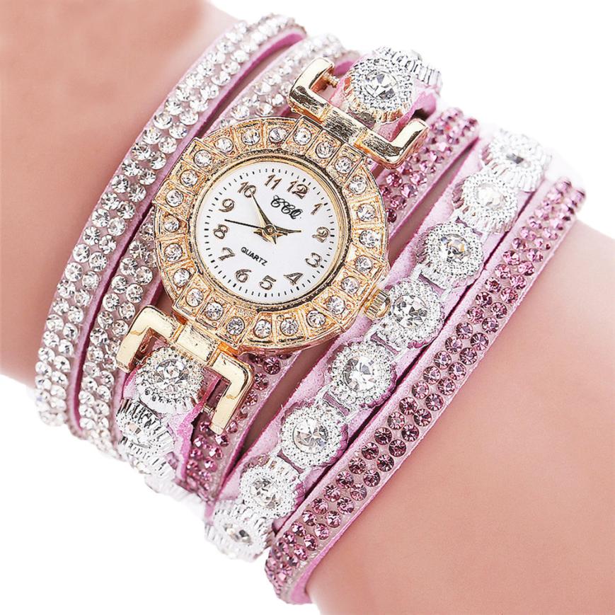 Women’s Rhinestone Bracelet Watch – PU Leather Wrap Quartz Watch (Luxury Fashion)