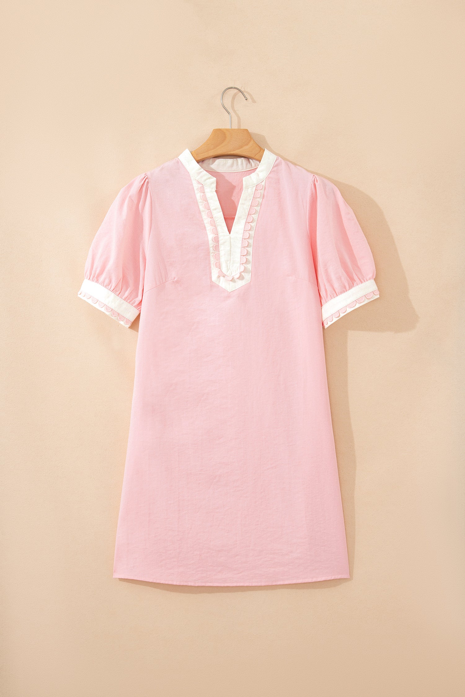 Light Pink Scallop Color Block Trim Puff Sleeve Mini Dress