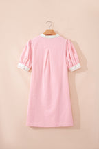 Light Pink Scallop Color Block Trim Puff Sleeve Mini Dress