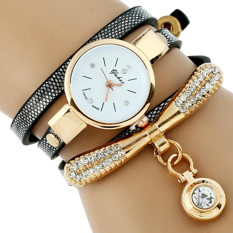 Gnova Platinum Luxury Women’s Rhinestone Bracelet Watch – Gold PU Leather Quartz Watch