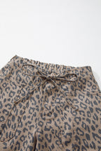 Khaki Leopard Printed Drawstring Elastic Waistband Pocketed Barrel Jeans
