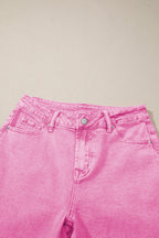 Pink Acid Wash High Waist Uneven Raw Hem Shift Jeans