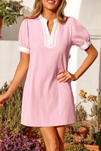 Light Pink Scallop Color Block Trim Puff Sleeve Mini Dress