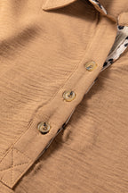 Camel Contrast Leopard Print Patchwork Polo Collar Buttons Front Ruffled Long Sleeve Blouse