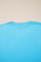Light Blue Big Ribbon Bow Print Contrast Stitch Trim Drop Shoulder Sweater