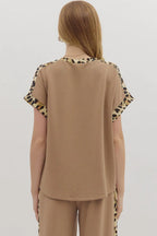 Light French Beige Leopard Trim Round Neck Loose T Shirt