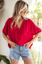 Racing Red Braided Trim V Neck Half Sleeve Blouse