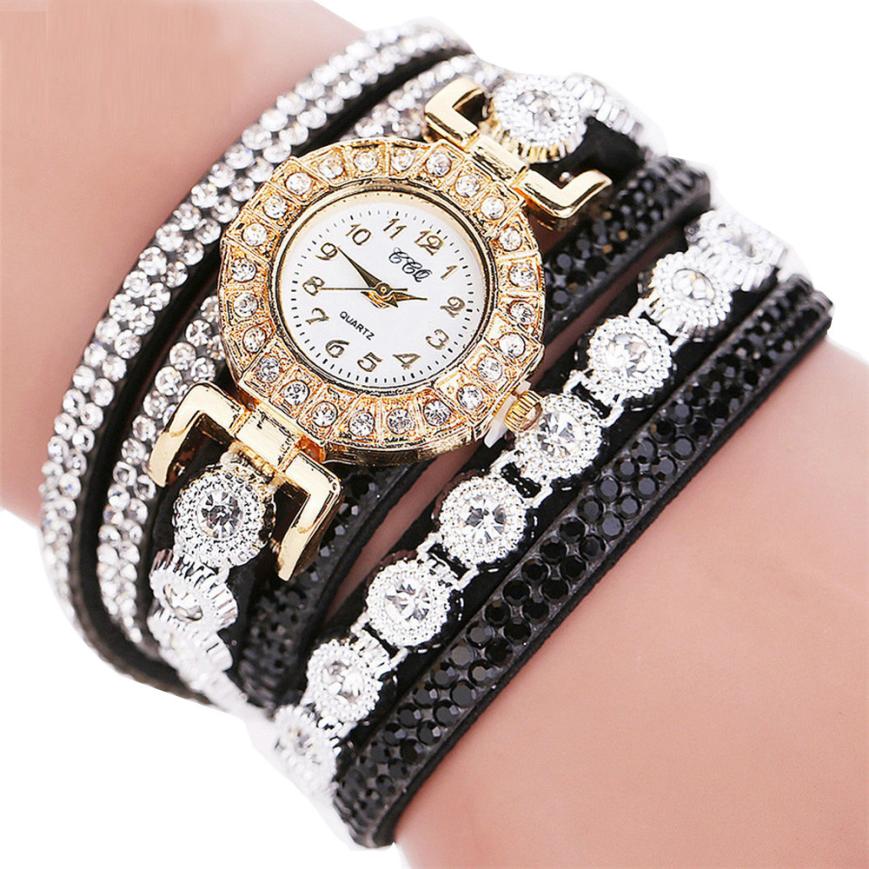 Women’s Rhinestone Bracelet Watch – PU Leather Wrap Quartz Watch (Luxury Fashion)