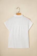White Lace Trim Cuffed Short Sleeve Textured Shirt