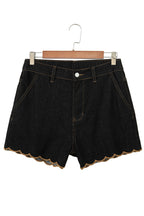 Black Embroidered Scalloped Trim Relaxed Denim Shorts