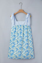 Sky Blue Floral Print Striped Patchwork Bow Knot Straps Mini Dress