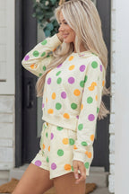Multicolour Polka Dot Print Drop Shoulder Pullover Drawstring Shorts Set