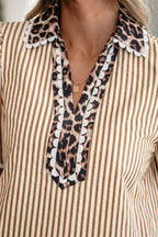 Brown Stripe Ricrac Trim Short Puff Sleeve Leopard Patchwork Collar V Neck Blouse