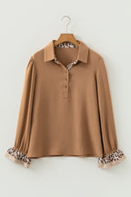 Camel Contrast Leopard Print Patchwork Polo Collar Buttons Front Ruffled Long Sleeve Blouse