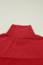 Fiery Red Sheer Mesh Patchwork High Neck Long Sleeve Top