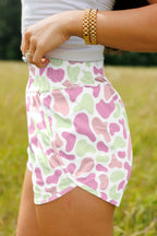 Green Camouflage Print Shirred High Waist Athleisure Shorts