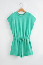 Sea Green Mineral Wash Drawstring Elastic Waistband Hollow Out Back Short Sleeve Romper