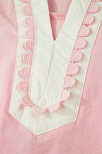 Light Pink Scallop Color Block Trim Puff Sleeve Mini Dress