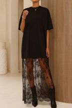 Black Floral Patchwork Short Sleeve T Shirt Loose Maxi Dress