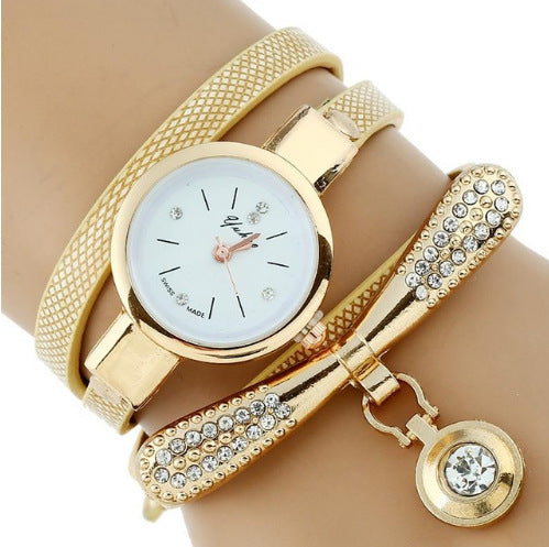 Gnova Platinum Luxury Women’s Rhinestone Bracelet Watch – Gold PU Leather Quartz Watch