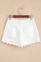 White Scalloped Hemline Acid Wash High Waist Denim Shorts