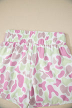 Green Camouflage Print Shirred High Waist Athleisure Shorts
