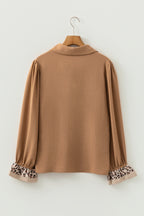 Camel Contrast Leopard Print Patchwork Polo Collar Buttons Front Ruffled Long Sleeve Blouse