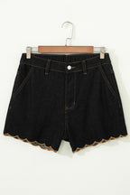 Black Embroidered Scalloped Trim Relaxed Denim Shorts