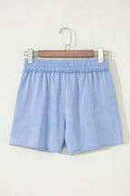 Sky Blue Mineral Washed Drawstring Elastic Waist Raw Cut Shorts
