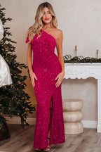 Pitaya Pink One Shoulder Thigh High Split Bodycon Sequin Gown