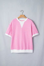 Pink Stripe Round Neck Drop Shoulder Short Sleeve Loose Top