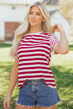 Red Stripe Patchwork Round Neck T Shirt
