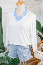 White Striped Patchwork V Neck 3/4 Sleeve Blouse