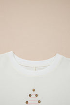 Beige Star Print Stud Detail Cotton Jersey Top
