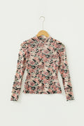 Black Retro Floral Print Mock Neck Mesh Long Sleeve Top