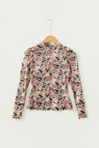 Black Retro Floral Print Mock Neck Mesh Long Sleeve Top