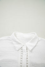 White Lace Trim Cuffed Short Sleeve Textured Shirt